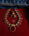 Red Enamel Painted Round Motifs Kerala Traditional Antique Gold Necklace Set with Earrings 2