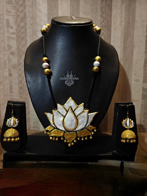 Handcrafted Terracotta Lotus Jewelry Set – Pearl White & Antique Gold Clay Necklace Set