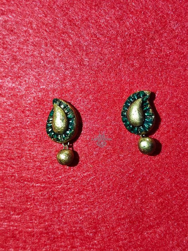 Emerald  Green Paisley Gold Handcrafted Stud Earrings