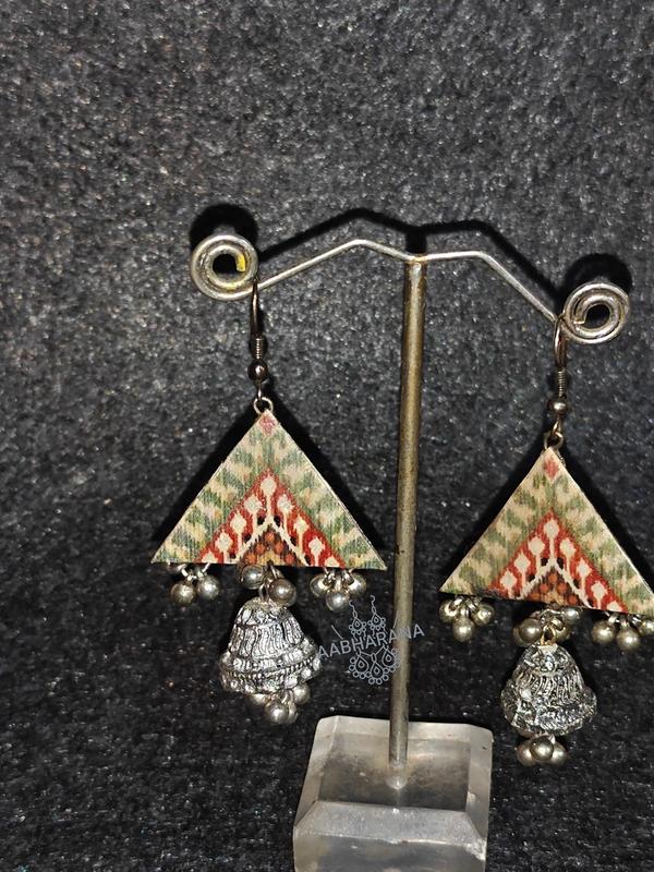 Kalamkari Print Handmade Paper Earrings - Ethnic Triangular Shape with Drops & Terracotta Jhumka