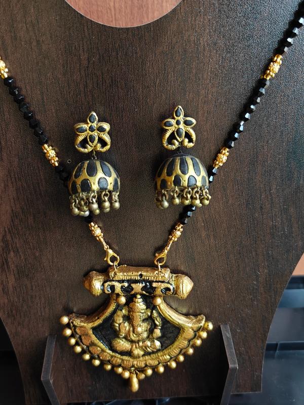 Handcrafted Black & Antique Gold Ganesha Terracotta Jewelry Set with Jhumkas
