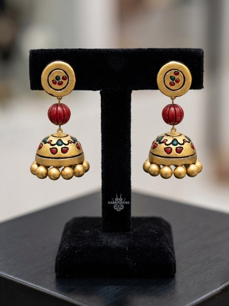 Lightweight Eco-Friendly Terracotta Jhumkas Earrings for Festive & Ethnic Wear (Red Green)
