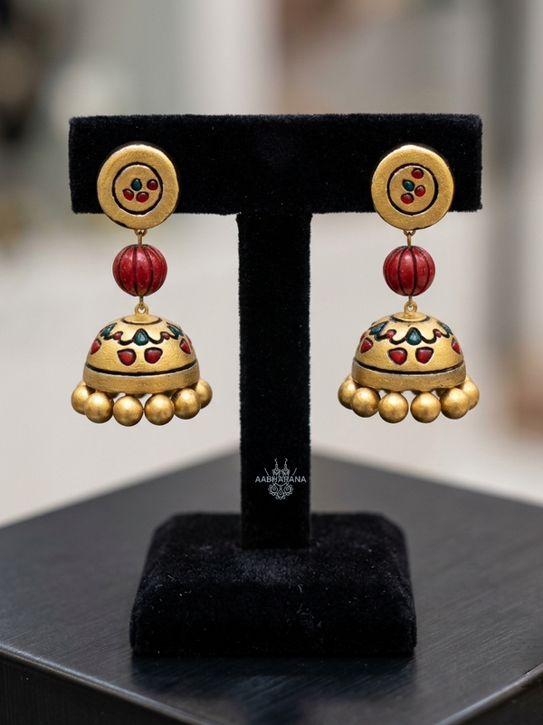 Lightweight Eco-Friendly Terracotta Jhumkas Earrings for Festive & Ethnic Wear (Red Green)