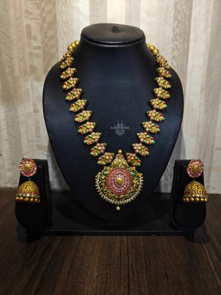 Floral Mandala Necklace & Jhumka Earrings - Antique Gold Temple Terracotta Jewelry Set - 