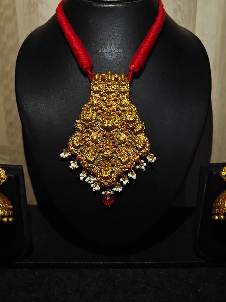 Handmade Terracotta Lakshmi Temple Jewelry Set | Antique Gold Clay Pendant Necklace with Jhumkas 