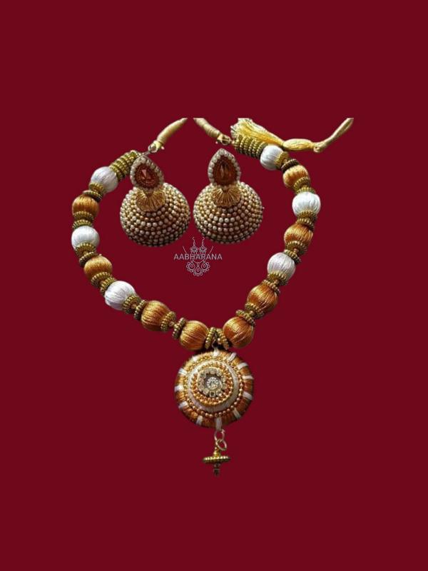 Handmade Silk Thread Set with Earrings - Gold & White