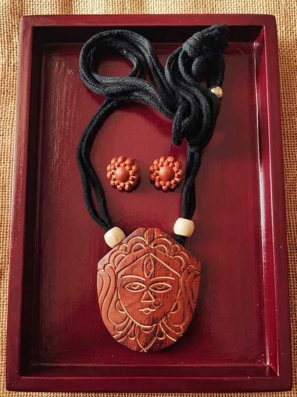 Handcrafted Terracotta Goddess Durga Pendant Necklace & Floral Earring Set