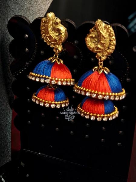 Double Layer Silk thread Earrings with Terracotta Studs (Blue & Red)