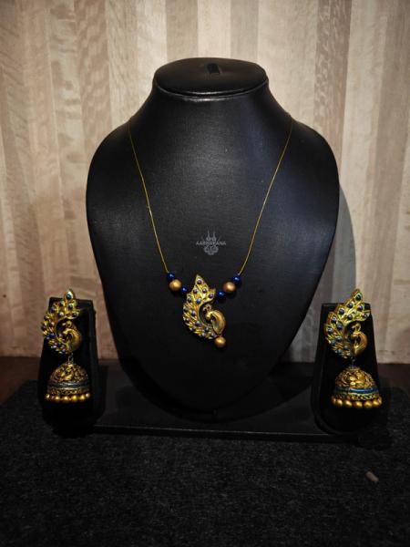 ​The Royal Blue & Gold Peacock Terracotta Necklace Set with Jhumkas