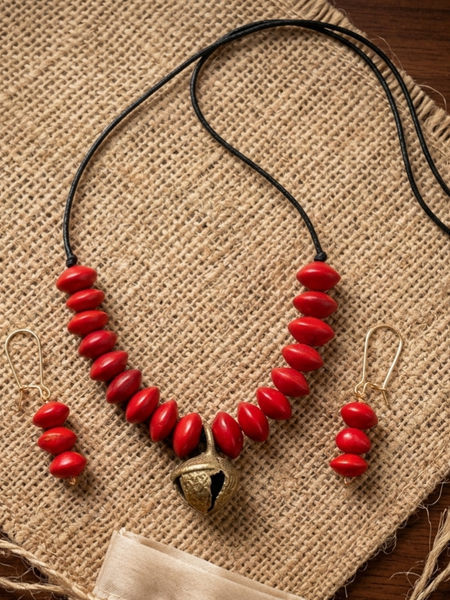 Handcrafted  Manjadi / Saga Seed Necklace with Bell & Matching Drop Earrings Set