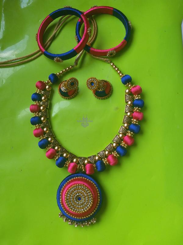 Handmade Silk Thread Necklace and Earring Set with Matching Bangles