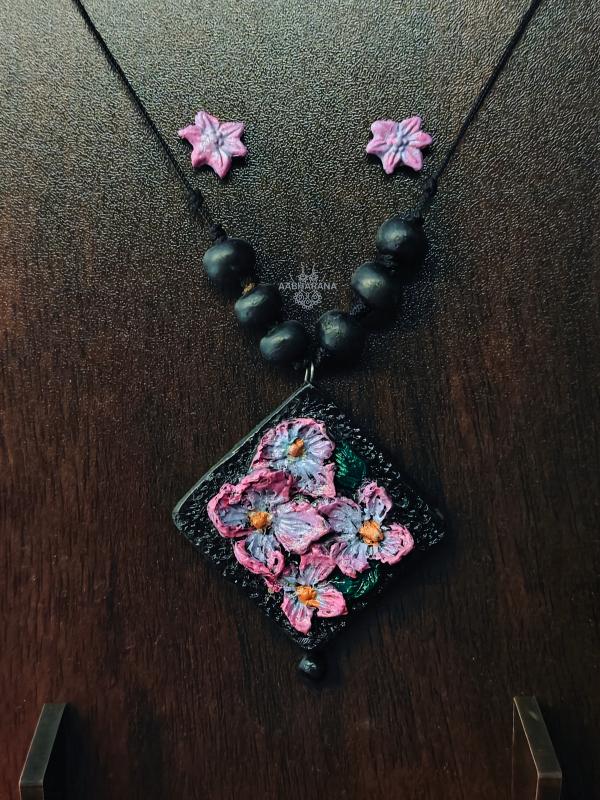 Handcrafted Floral Terracotta Clay Necklace Set with Matching Studs- Pink Floral Motif