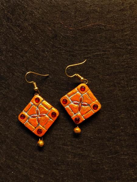 ​Handmade Terracotta Earrings - Orange Diamond Dangle Earrings