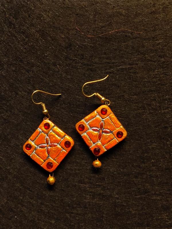​Handmade Terracotta Earrings - Orange Diamond Dangle Earrings