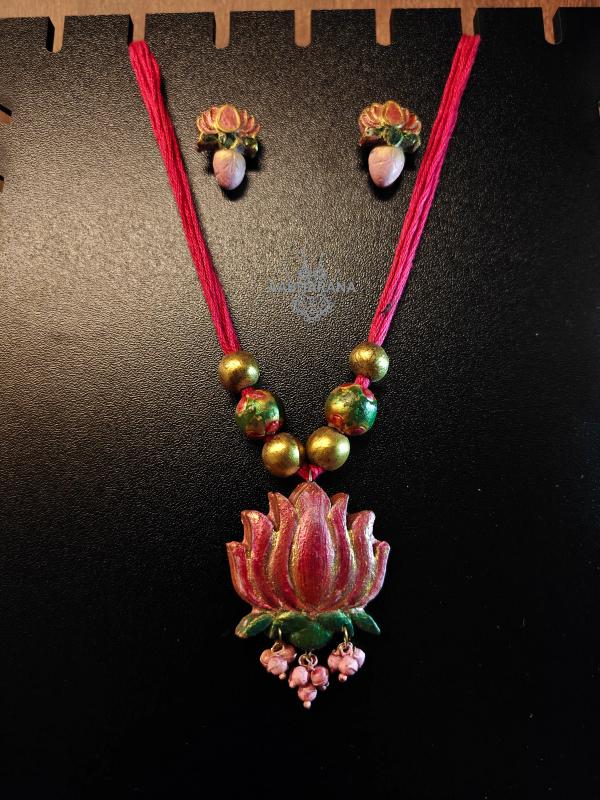 Handcrafted Pink & Gold Lotus Terracotta Necklace Set with Matching Earrings