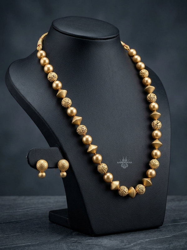 Handmade Antique Matte Gold Terracotta Beaded Necklace Set with Matching Earrings