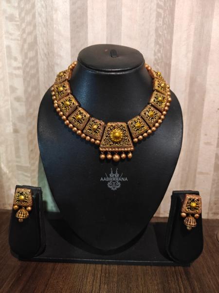Antique Gold Finish Temple Jewellery Necklace Set with Matching Earrings