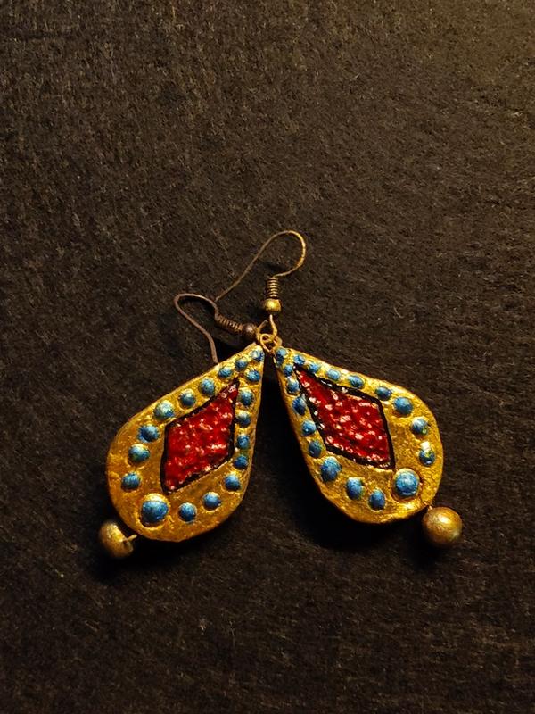 Handcrafted Terracotta Drop Earrings – Metallic Gold & Crimson Red Ethnic Clay Danglers