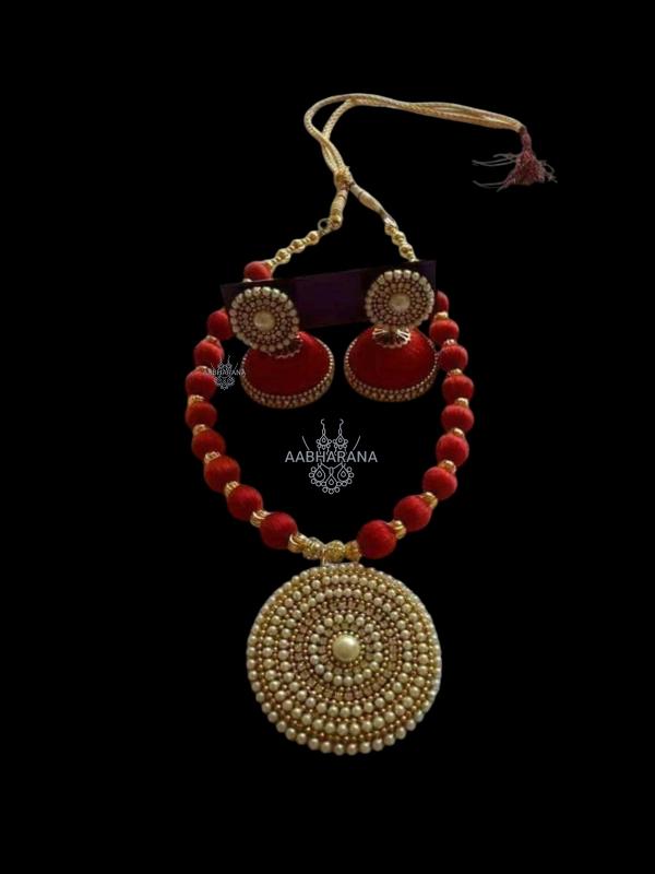 Handmade Silk Thread Set with Earrings - Red