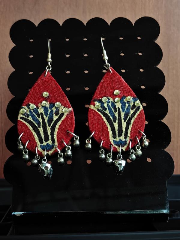 Ethnic Maroon Kalamkari Teardrop Fabric Earrings with Metallic Beads