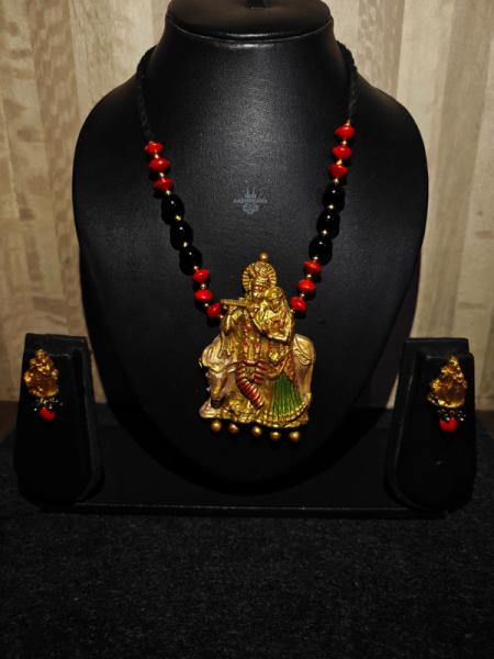 Handmade Terracotta Radha Krishna Pendant Set with Manjadi & Black Beads