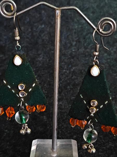 Ethnic Green Fabric Geometric Danglers with Stone and Bead Embellishments