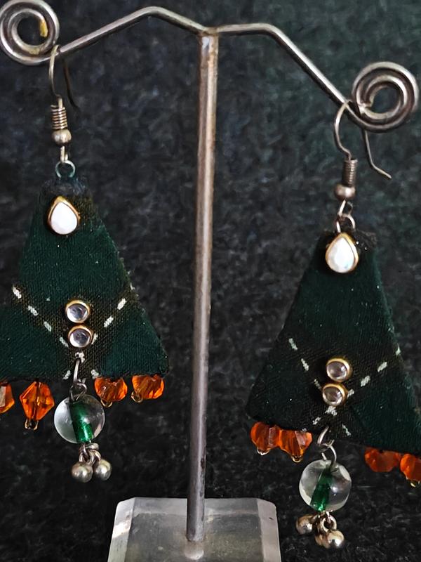 Ethnic Green Fabric Geometric Danglers with Stone and Bead Embellishments