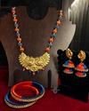 Handmade Terracotta Pendant (Red & Blue) - Silk Thread Jewelry Set with Bangle and Earrings 1