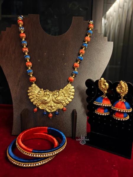 Handmade Terracotta Pendant (Red & Blue) - Silk Thread Jewelry Set with Bangle and Earrings