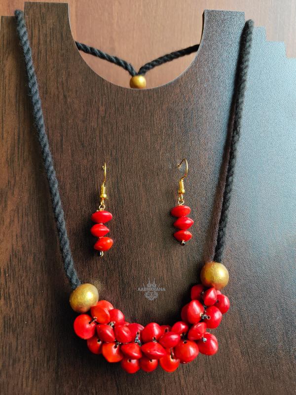 Handcrafted Manjadi Mala with Golden Terracotta Beads & Earrings Set | Kerala Natural Seed Necklace