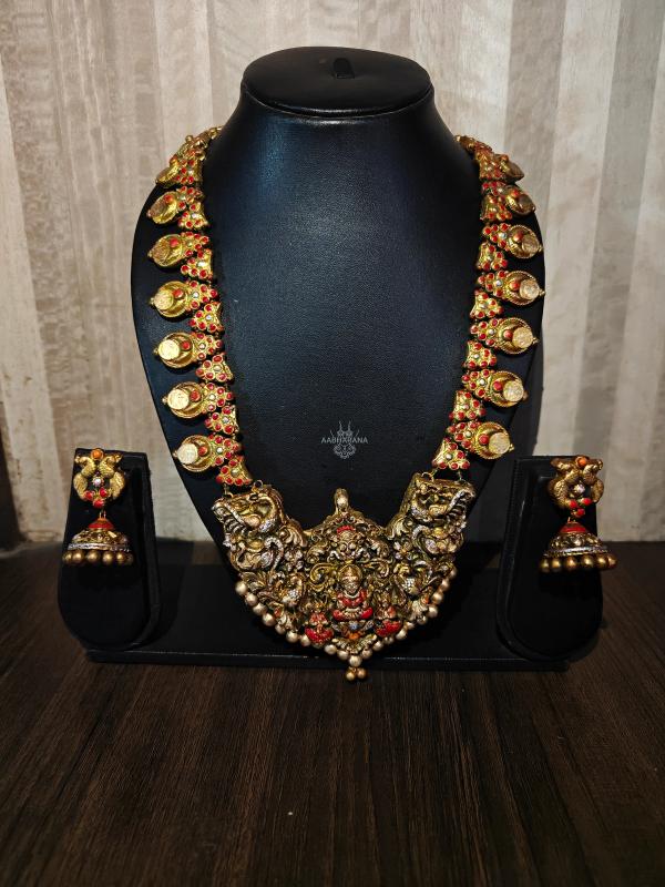 Grand Gold Coin long Haram Set - Ethnic Bridal Goddess Pendant & Earrings