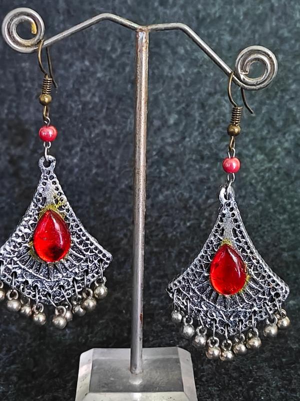 Handmade Terracotta in Silver- Red Stone Danglers