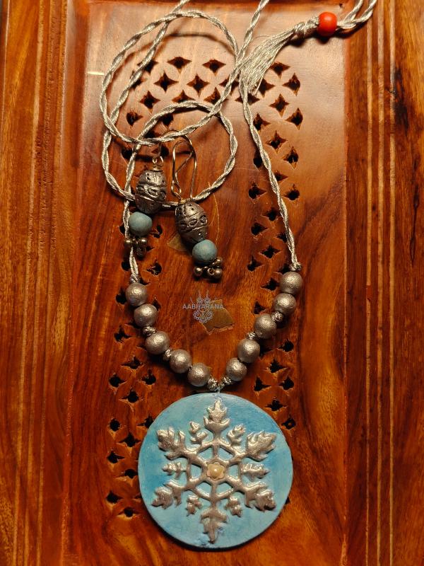 Handmade Snowflake Terracotta Jewelry Set - Sky Blue Clay Pendant Necklace with Matching Earrings
