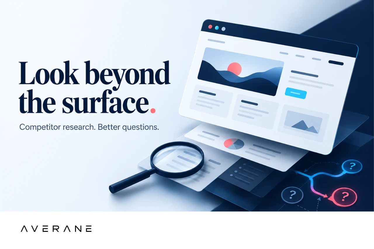Look beyond the surface: a browser window above research layers and a magnifying glass, with the supplied Averane wordmark.
