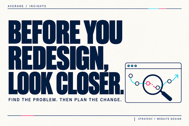 Before you redesign, look closer: a magnifying glass reveals a broken connection in a website journey. Find the problem, then plan the change.