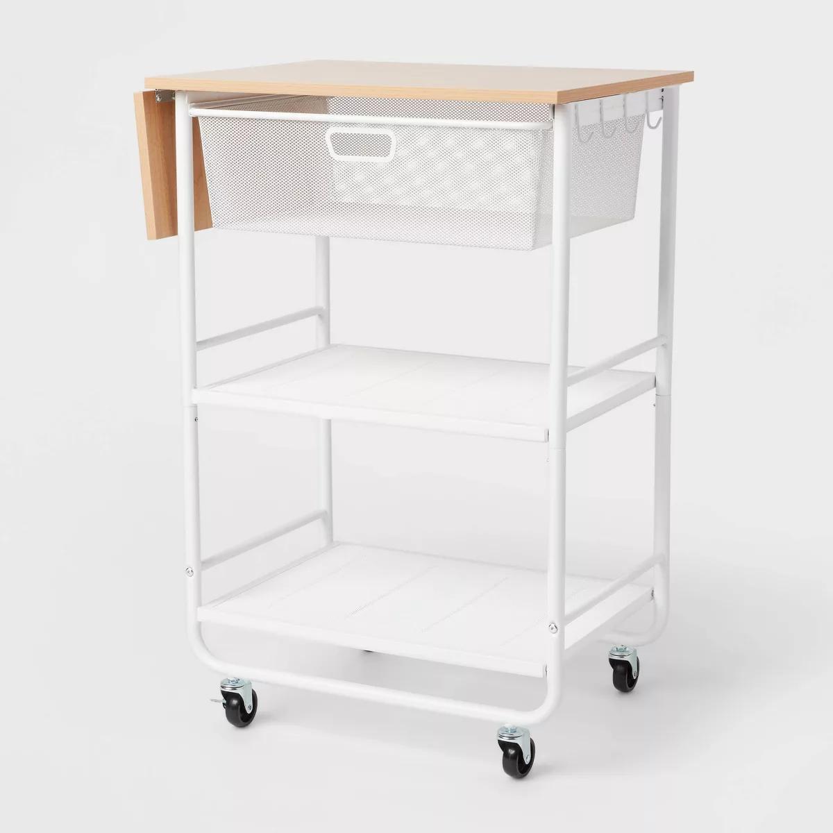 Metal Storage Cart with Mesh Drawer and Wood Top White - Brightroom: Rolling Utility Cart
