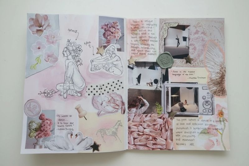 Sketchbook Spread, Movement & Memory, Collage, watercolor, ink, and photography on paper, 2025