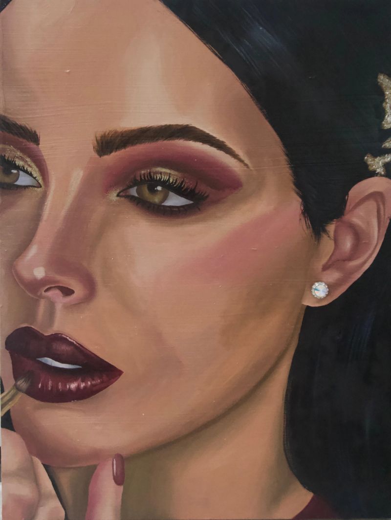 Final Touches, Oil paint, cosmetic glitter, and mixed-media embellishment on wood panel, 2025