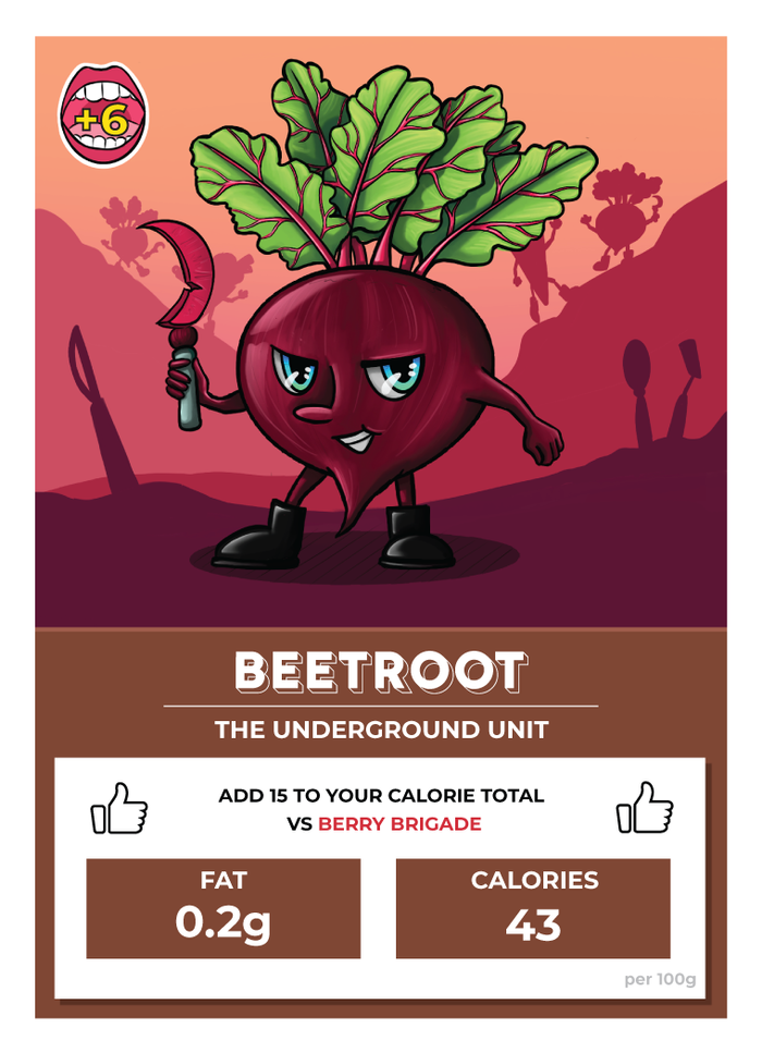 A character fruit and vegetable card from the Food Fight card game.