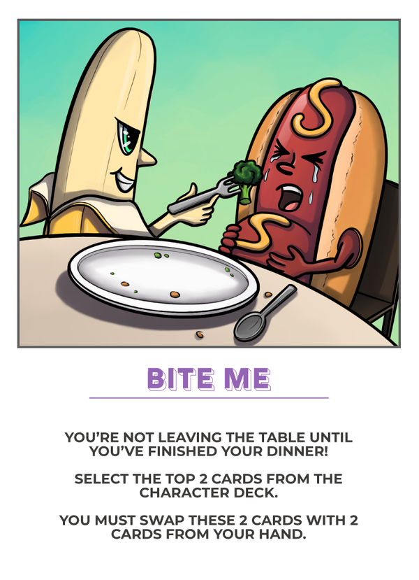 A card from the Food Fight card game showing one of the 38 Tuck-In Cards