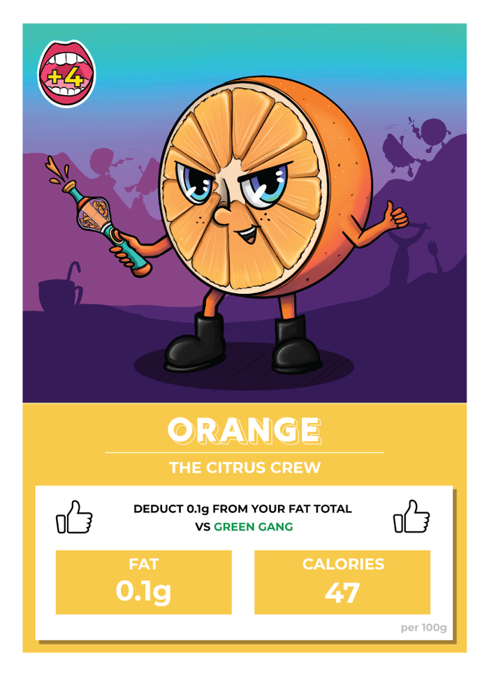 A character fruit and vegetable card from the Food Fight card game.