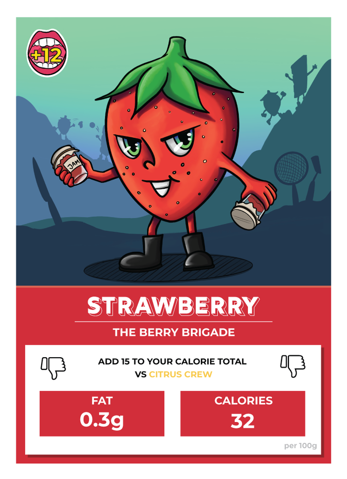 A character fruit and vegetable card from the Food Fight card game.