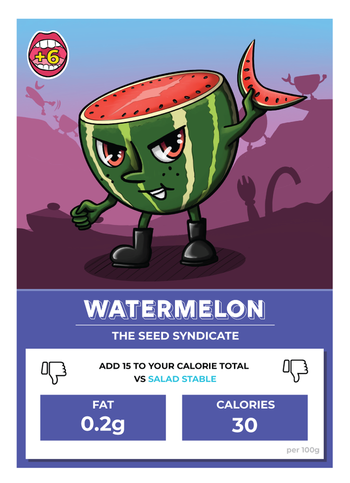 A character fruit and vegetable card from the Food Fight card game.