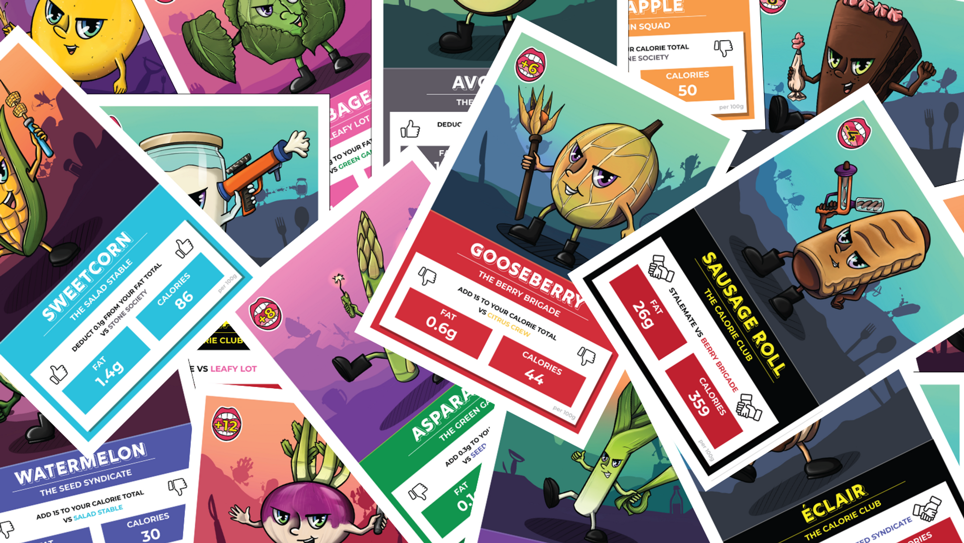 An image of cards from the Food Fight card game.