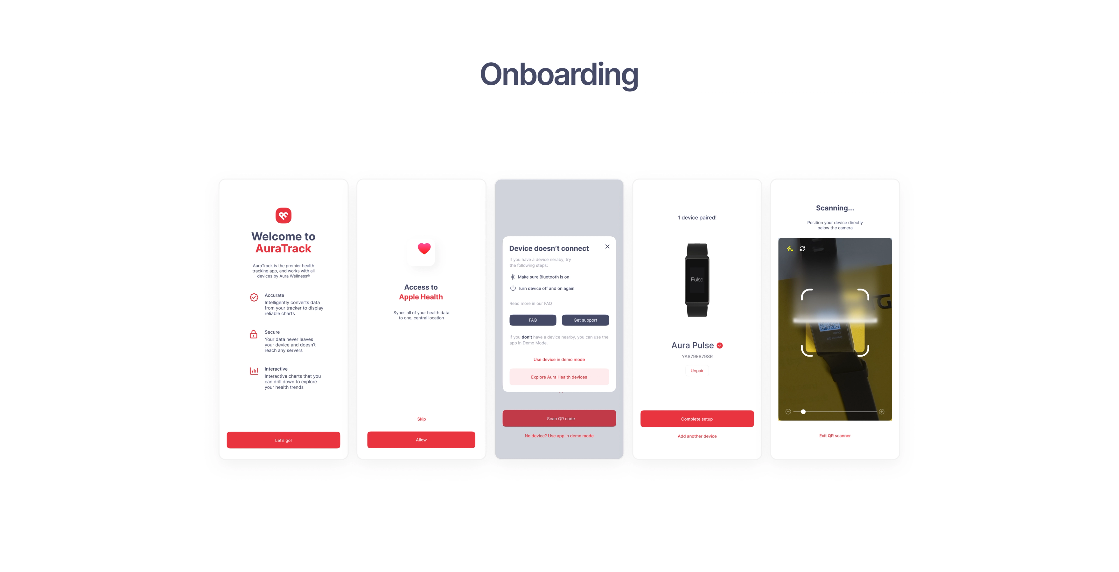 AuraTrack: Mobile onboarding screens for health data setup.