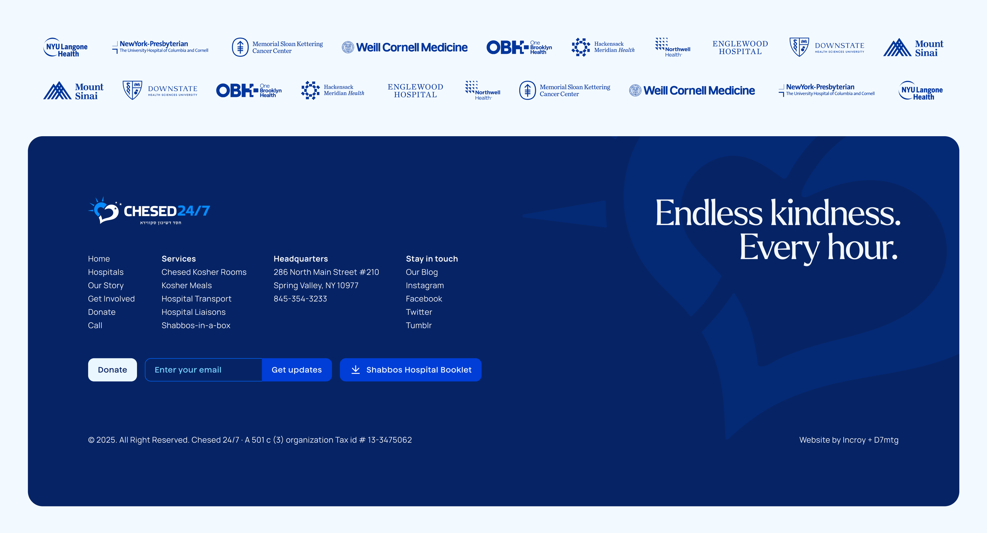 Chesed 24/7: Dark blue footer reading “Endless kindness. Every hour.”.