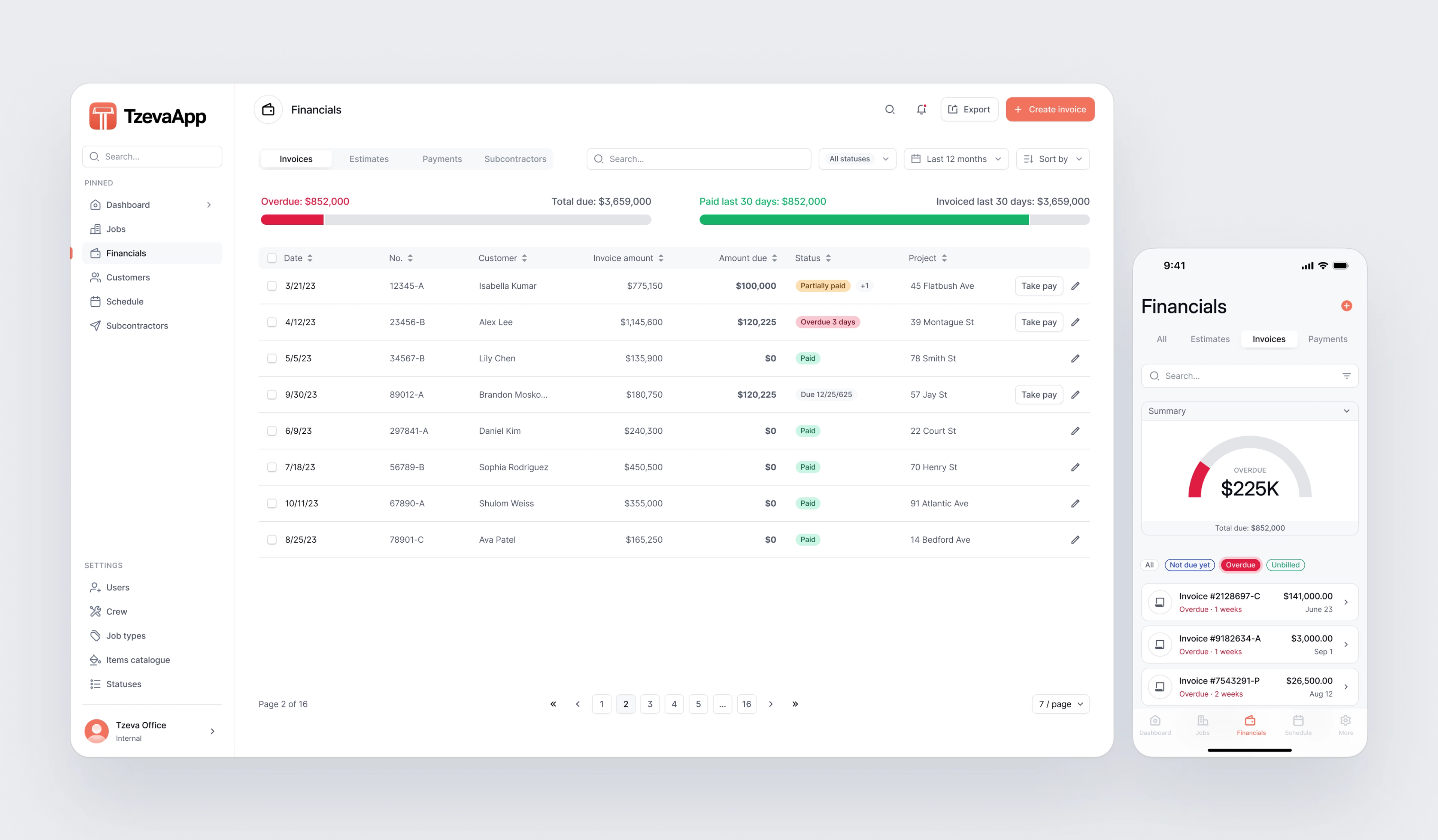 TzevaApp: Project management table beside a mobile project dashboard.