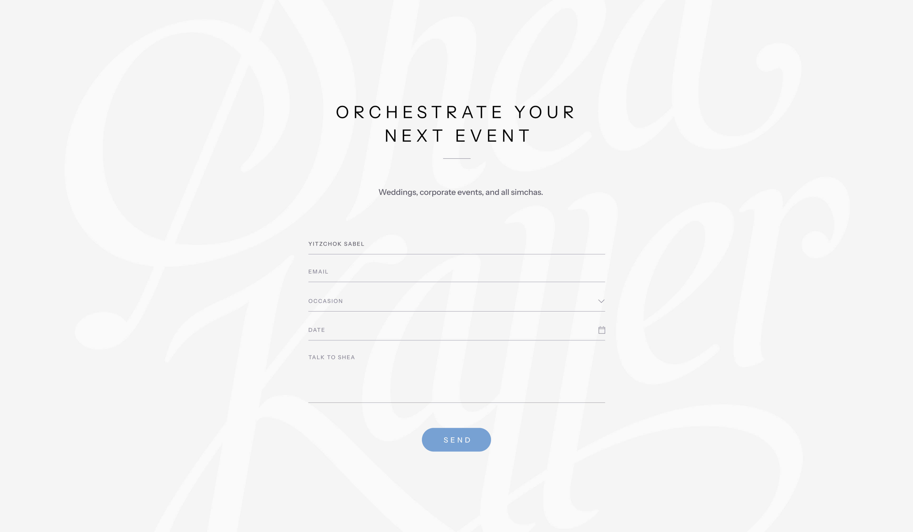 Shea Kaller: White event inquiry form with a blue submit button.