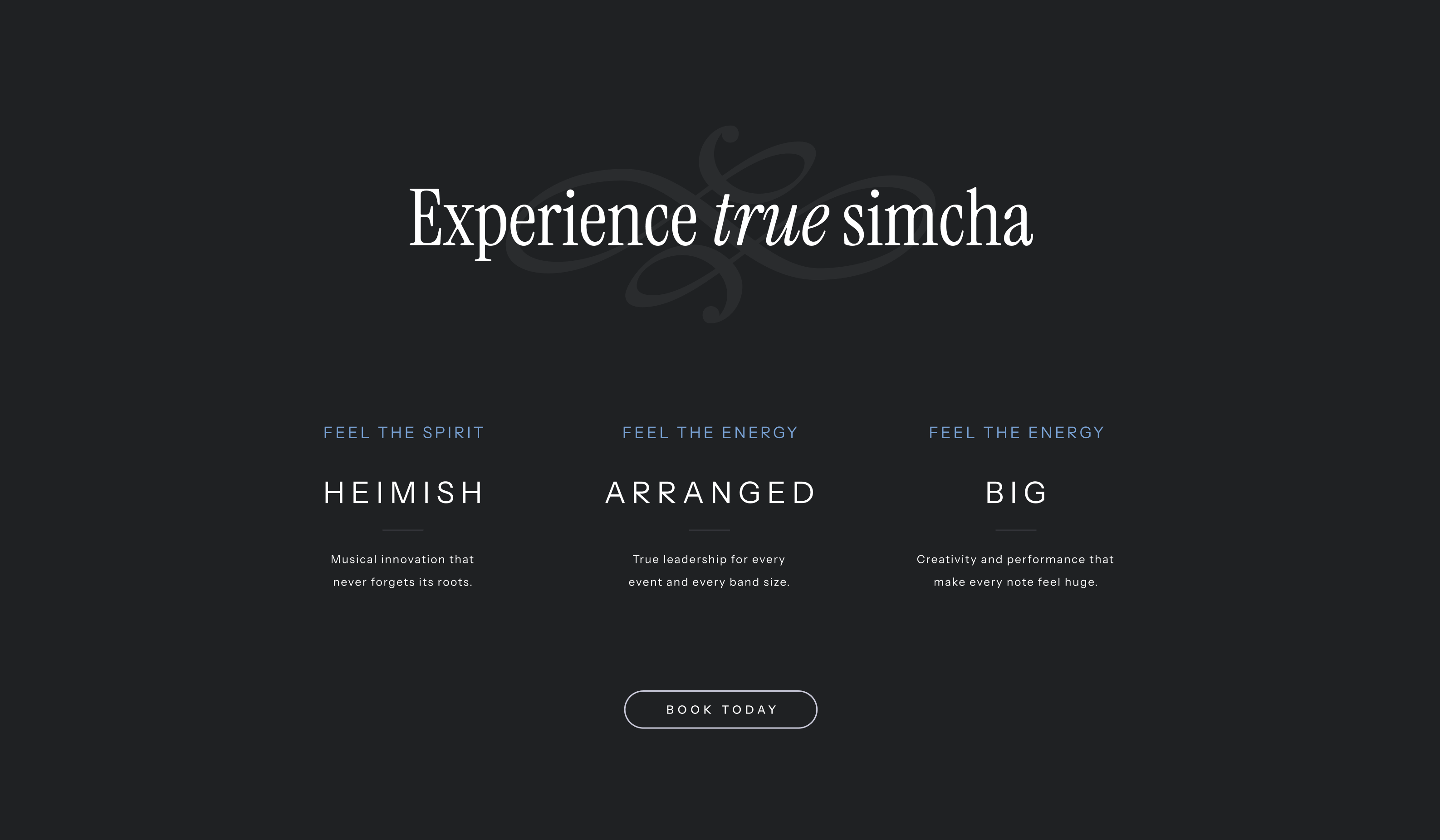 Shea Kaller: Dark “Experience true simcha” section and event options.