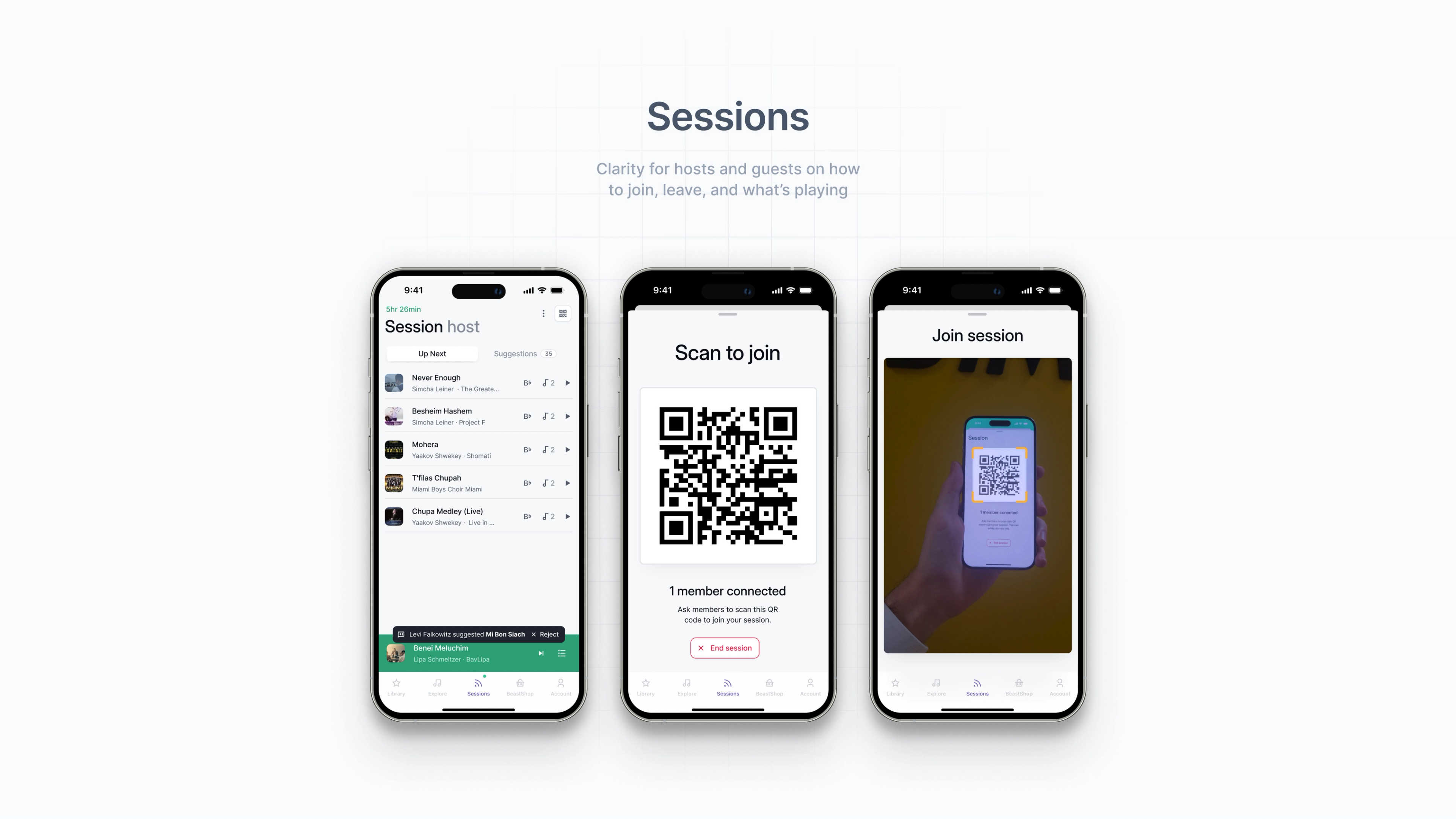 NoteBeast: Session list, QR code sharing, and scanning on three iPhones.